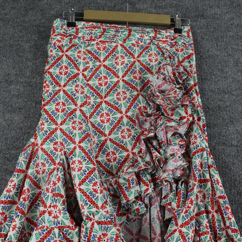 Caroline Constas Floral Tile-Print Ruffled Midi Skirt in Red, Green, Blue - Picture 2 of 10